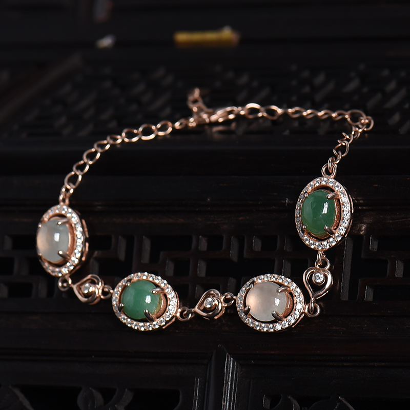 天然银镶冰糯种双色翡翠手链-红掌柜