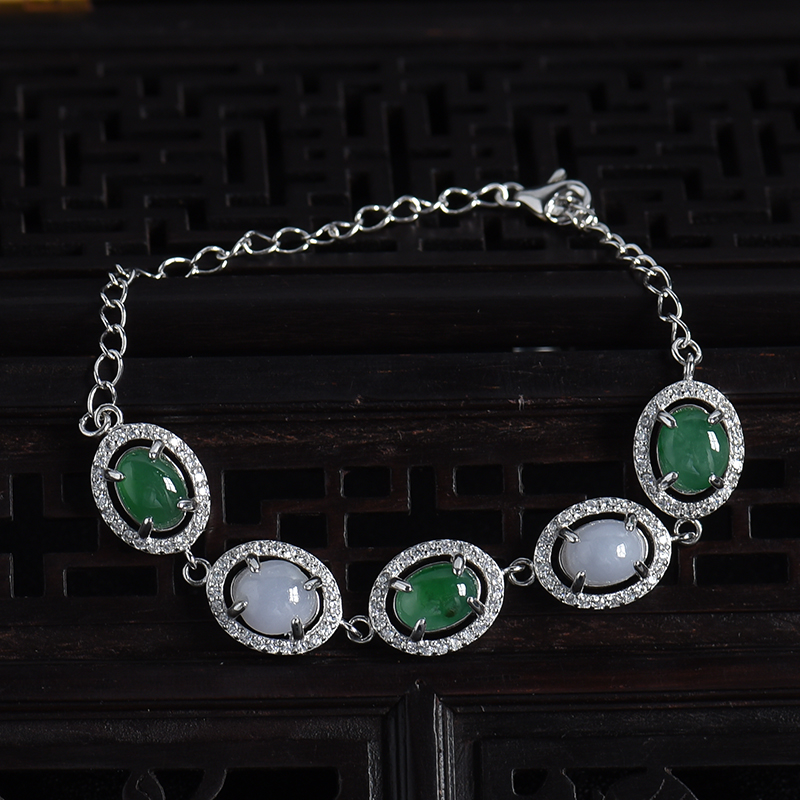 缅甸天然银镶冰糯种双色翡翠手链-红掌柜