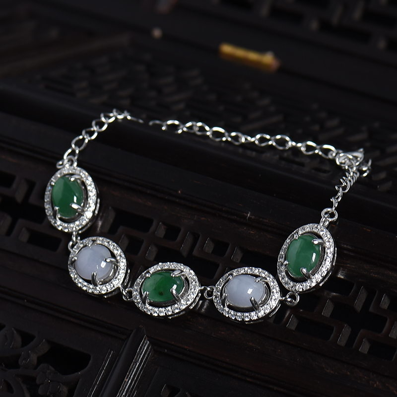 天然银镶冰糯种双色翡翠手链-红掌柜