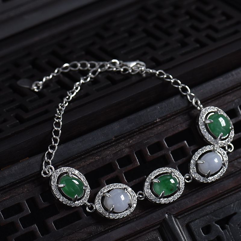 缅甸银镶冰糯种双色翡翠手链-红掌柜