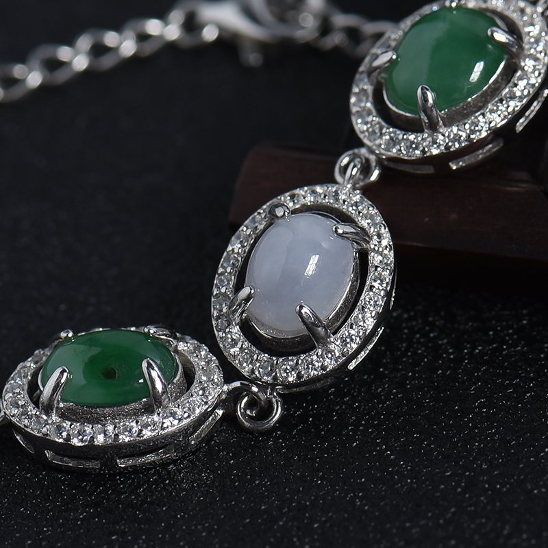 缅甸天然银镶双色翡翠手链-红掌柜