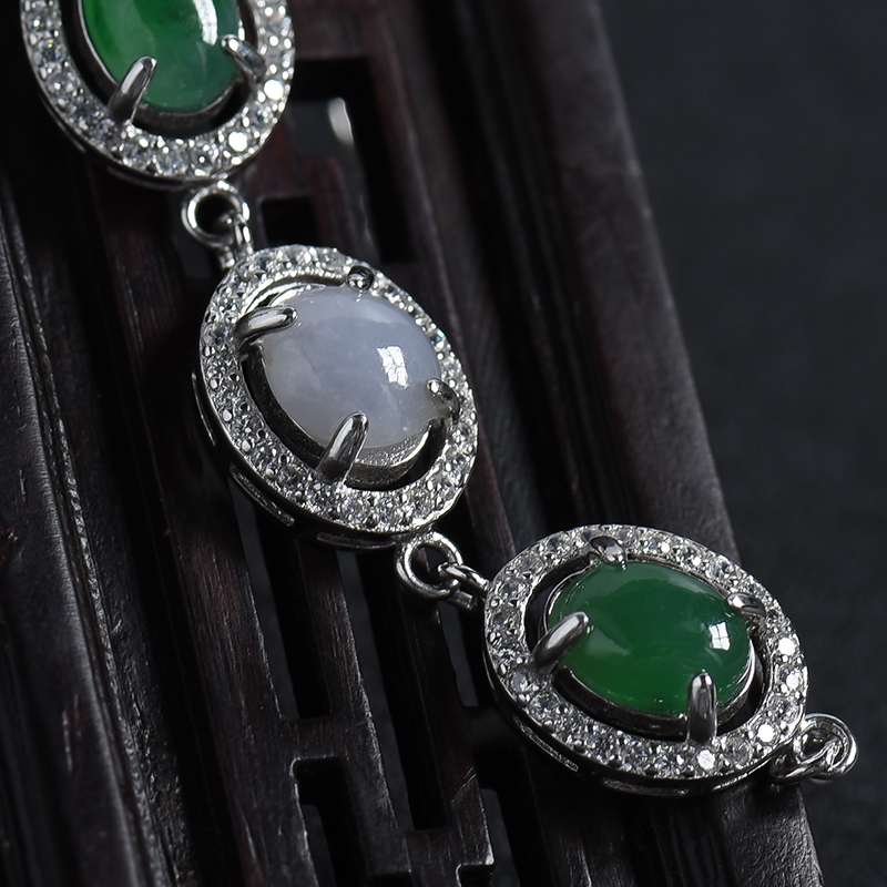 缅甸天然银镶冰糯种翡翠手链-红掌柜