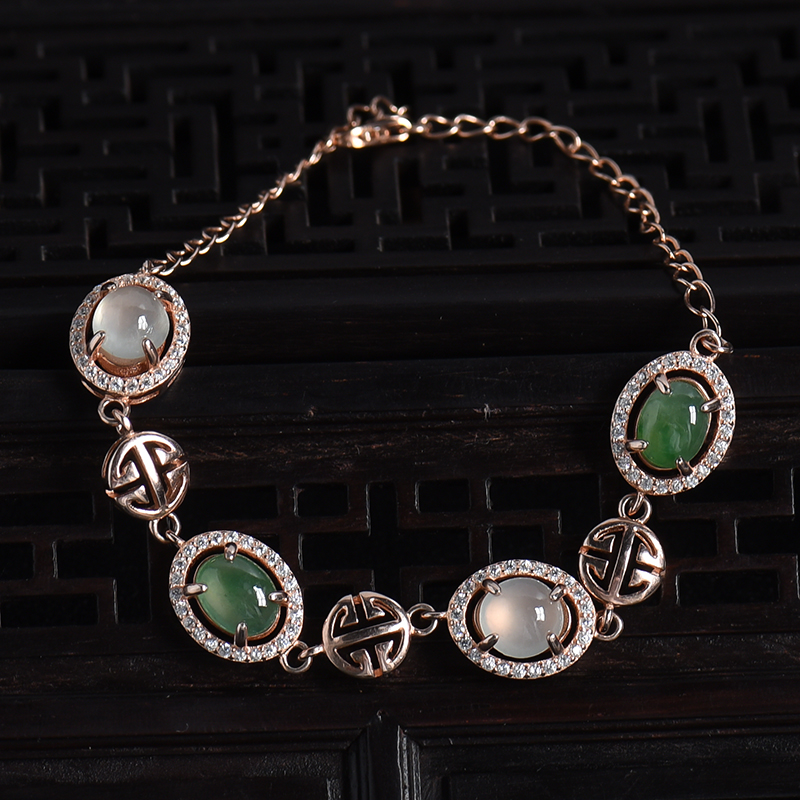 缅甸天然银镶冰糯种双色翡翠手链-红掌柜