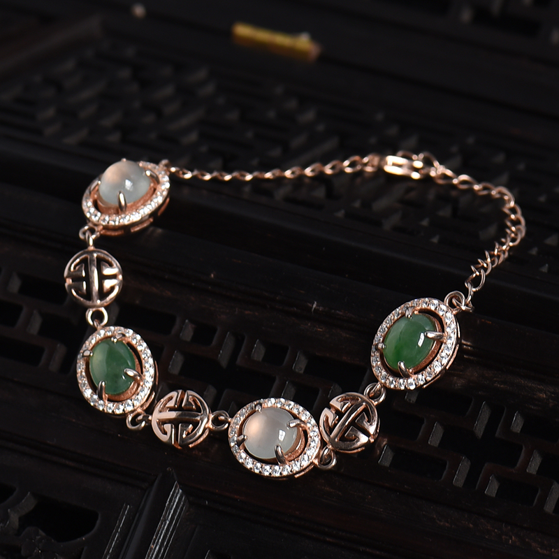 天然银镶冰糯种双色翡翠手链-红掌柜