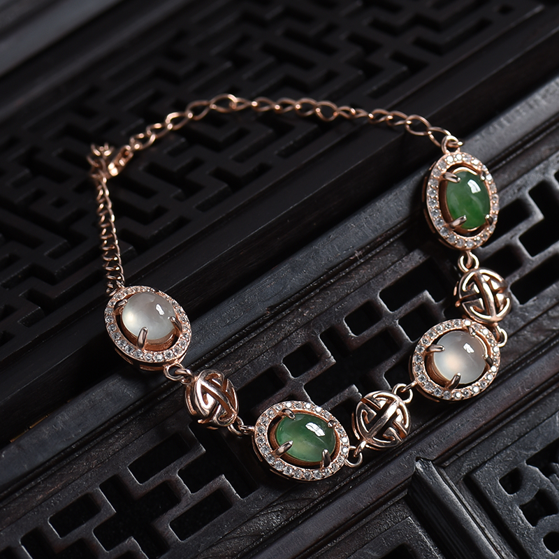 缅甸银镶冰糯种双色翡翠手链-红掌柜