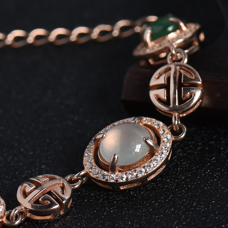 缅甸天然银镶双色翡翠手链-红掌柜