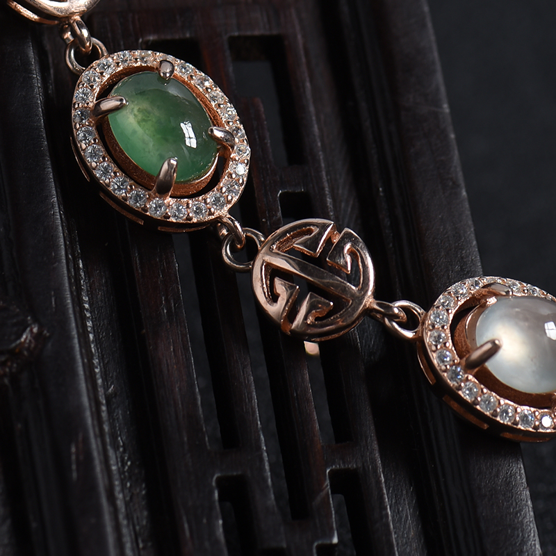 缅甸天然银镶冰糯种翡翠手链-红掌柜