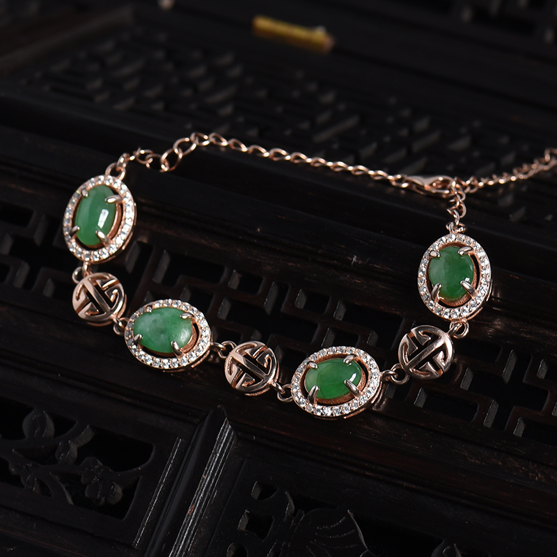 天然银镶豆种豆绿翡翠手链-红掌柜