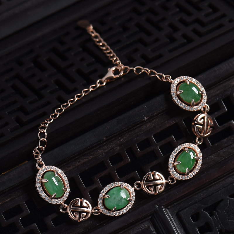 缅甸银镶豆种豆绿翡翠手链-红掌柜