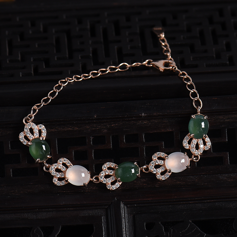 缅甸天然银镶冰糯种双色翡翠手链-红掌柜