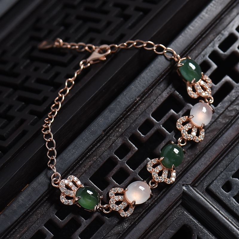 缅甸银镶冰糯种双色翡翠手链-红掌柜