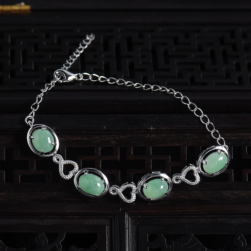 缅甸天然银镶糯种浅绿翡翠手链-红掌柜