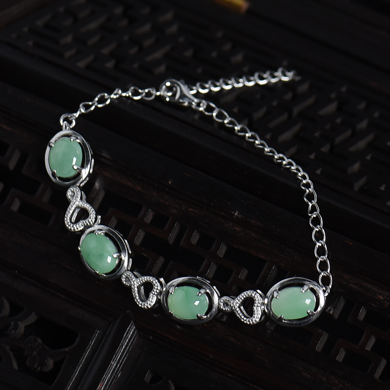 天然银镶糯种浅绿翡翠手链-红掌柜