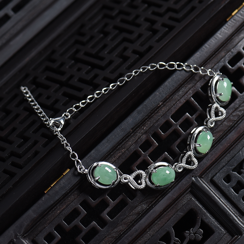 缅甸银镶糯种浅绿翡翠手链-红掌柜