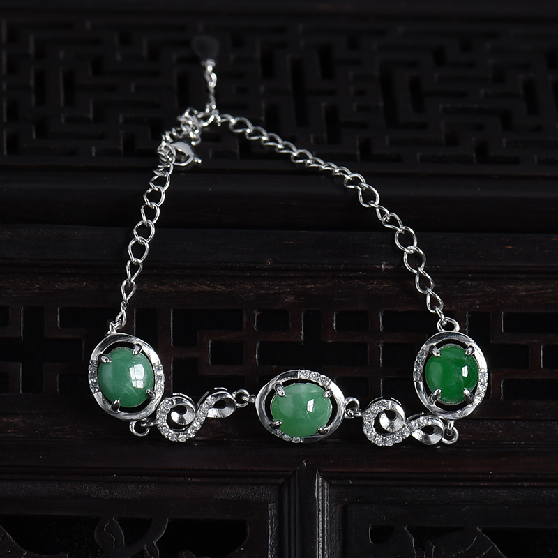 缅甸天然银镶豆种豆绿翡翠手链-红掌柜