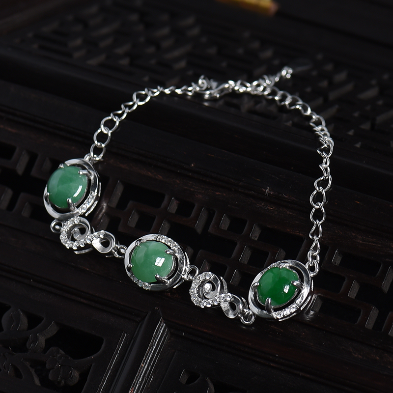 天然银镶豆种豆绿翡翠手链-红掌柜