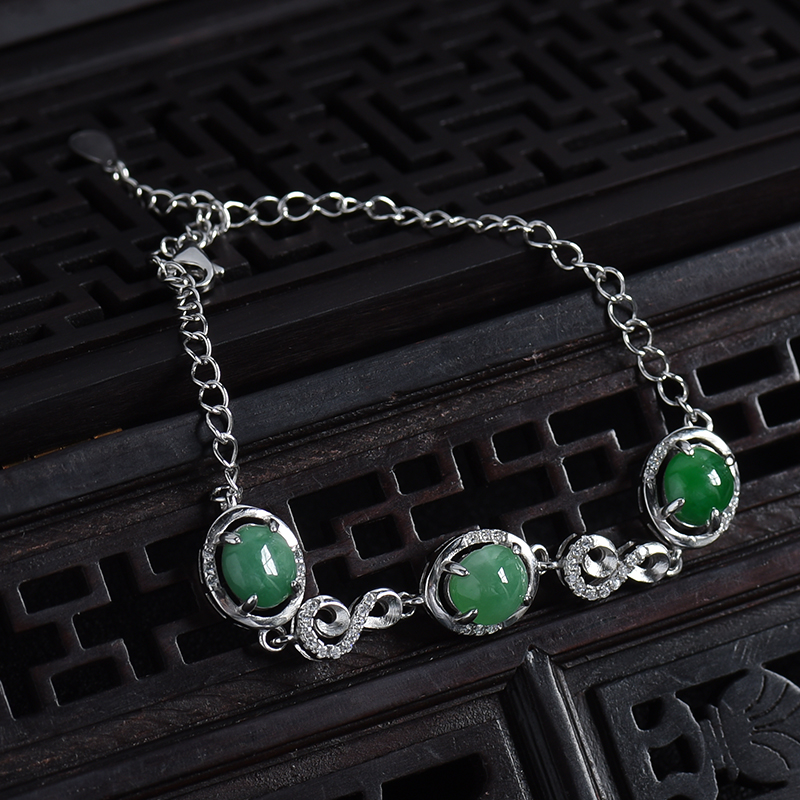 缅甸银镶豆种豆绿翡翠手链-红掌柜