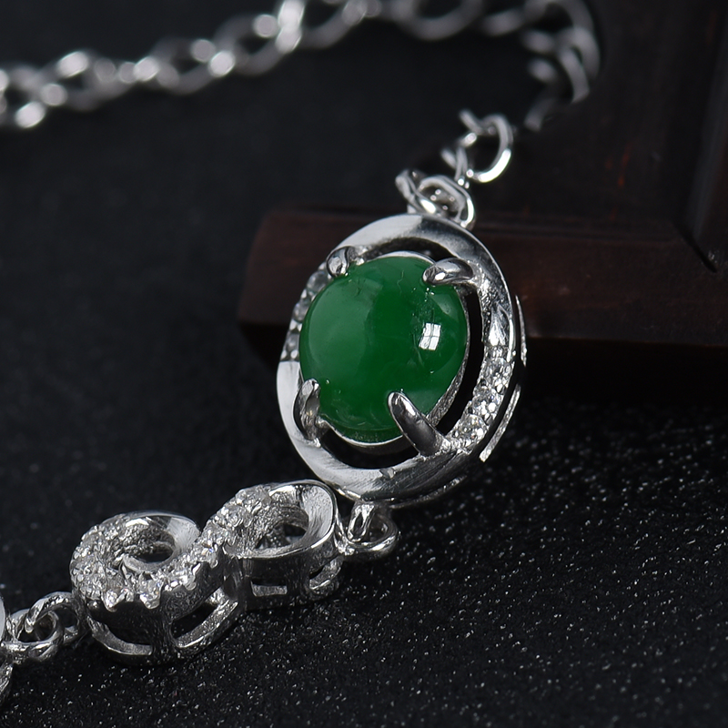 缅甸天然银镶豆绿翡翠手链-红掌柜