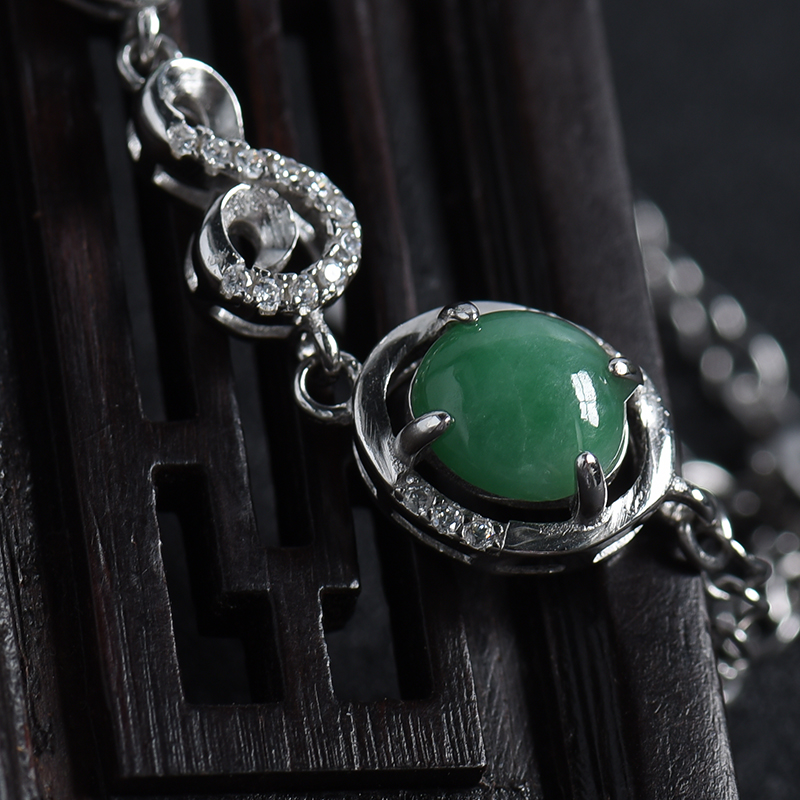 缅甸天然银镶豆种翡翠手链-红掌柜