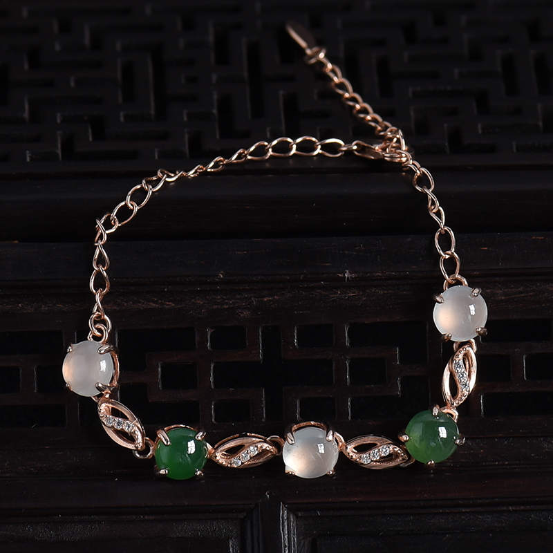 缅甸天然银镶冰糯种翡翠手链-红掌柜