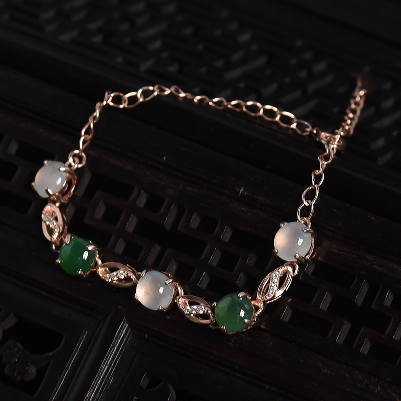 天然银镶冰糯种翡翠手链-红掌柜