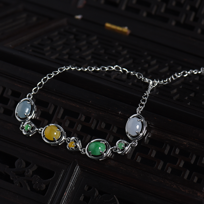 天然银镶冰糯种三彩翡翠手链-红掌柜