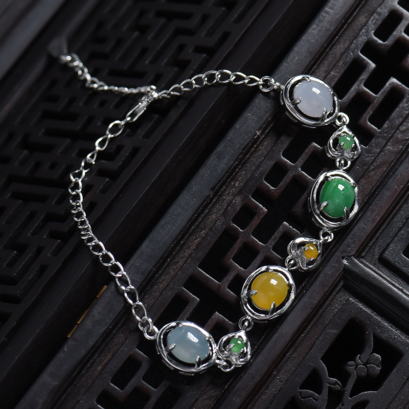 缅甸银镶冰糯种三彩翡翠手链-红掌柜