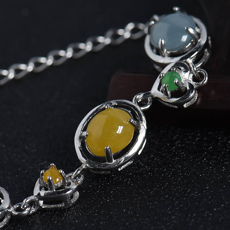 缅甸天然银镶三彩翡翠手链-红掌柜