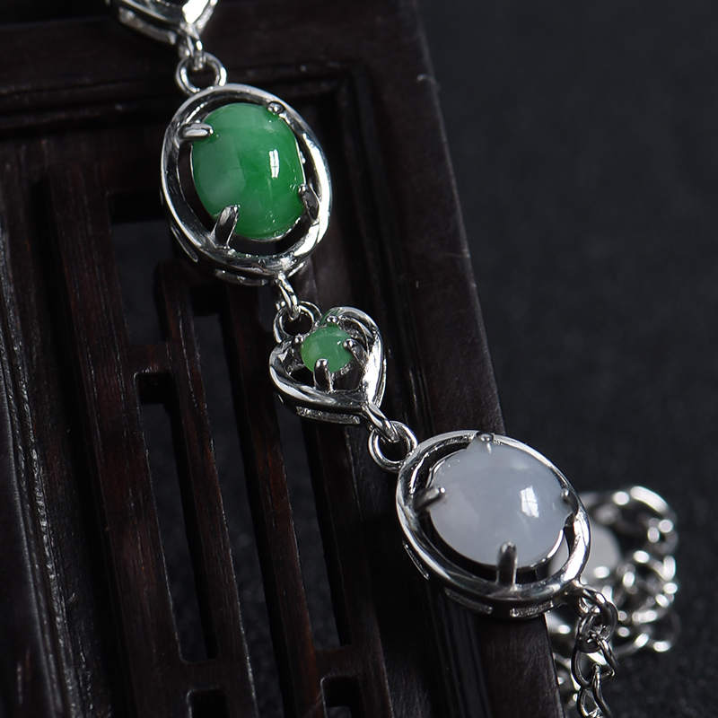 缅甸天然银镶冰糯种翡翠手链-红掌柜