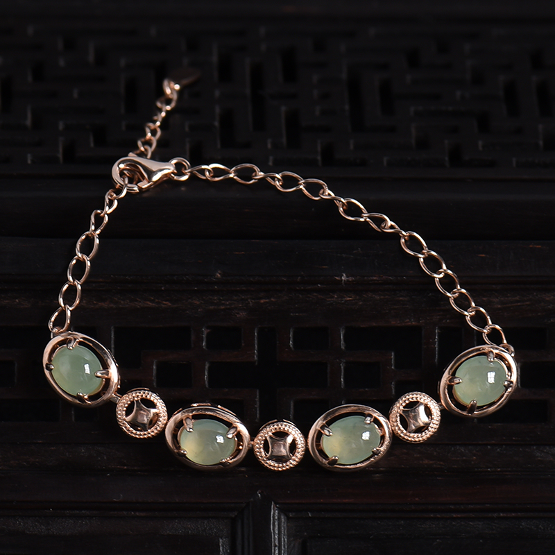 缅甸天然银镶冰糯种浅绿翡翠手链-红掌柜