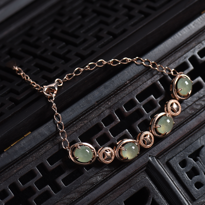 缅甸银镶冰糯种浅绿翡翠手链-红掌柜