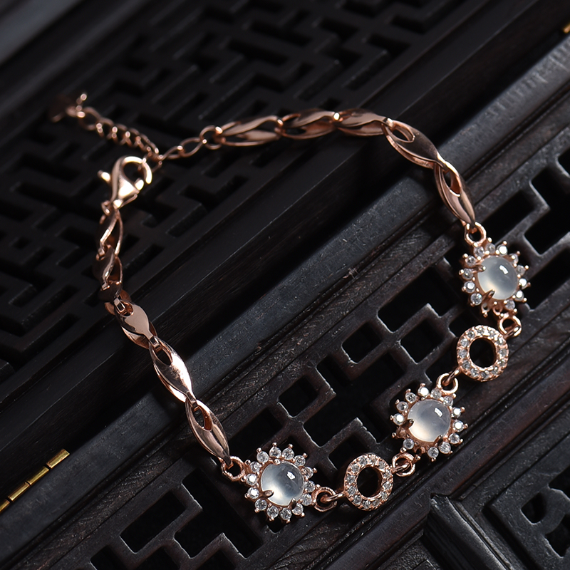 缅甸银镶冰种翡翠手链-红掌柜