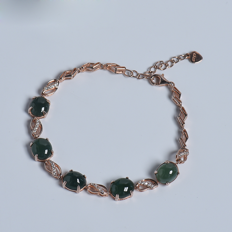 缅甸天然银镶糯种油青翡翠手链-红掌柜