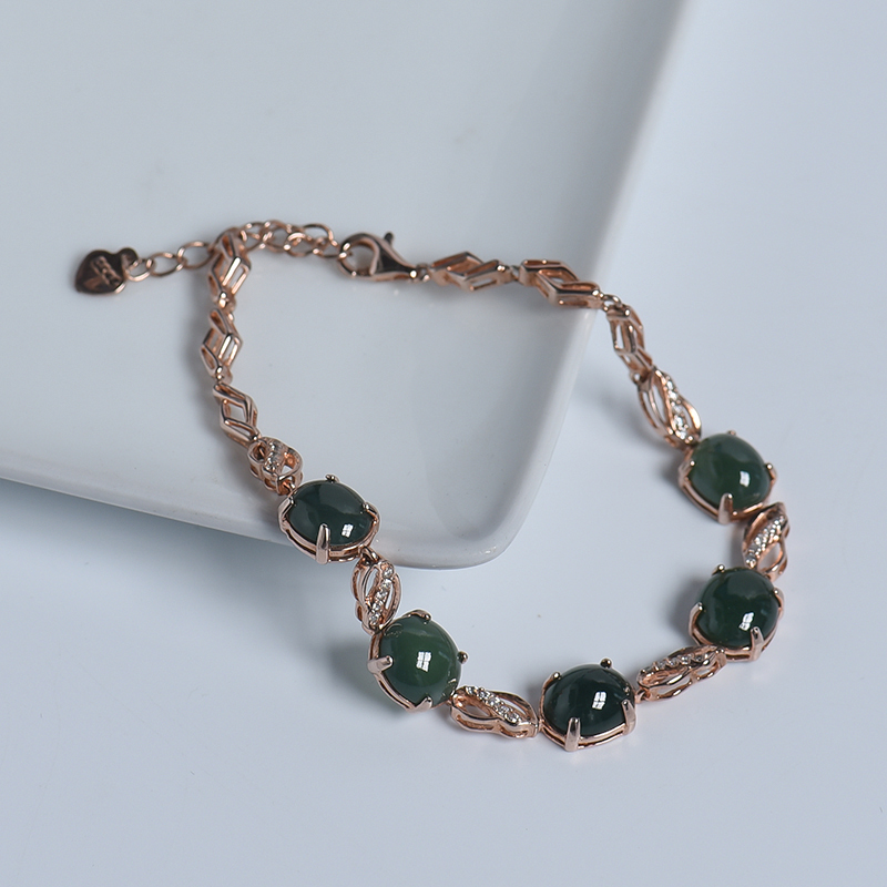 缅甸银镶糯种油青翡翠手链-红掌柜