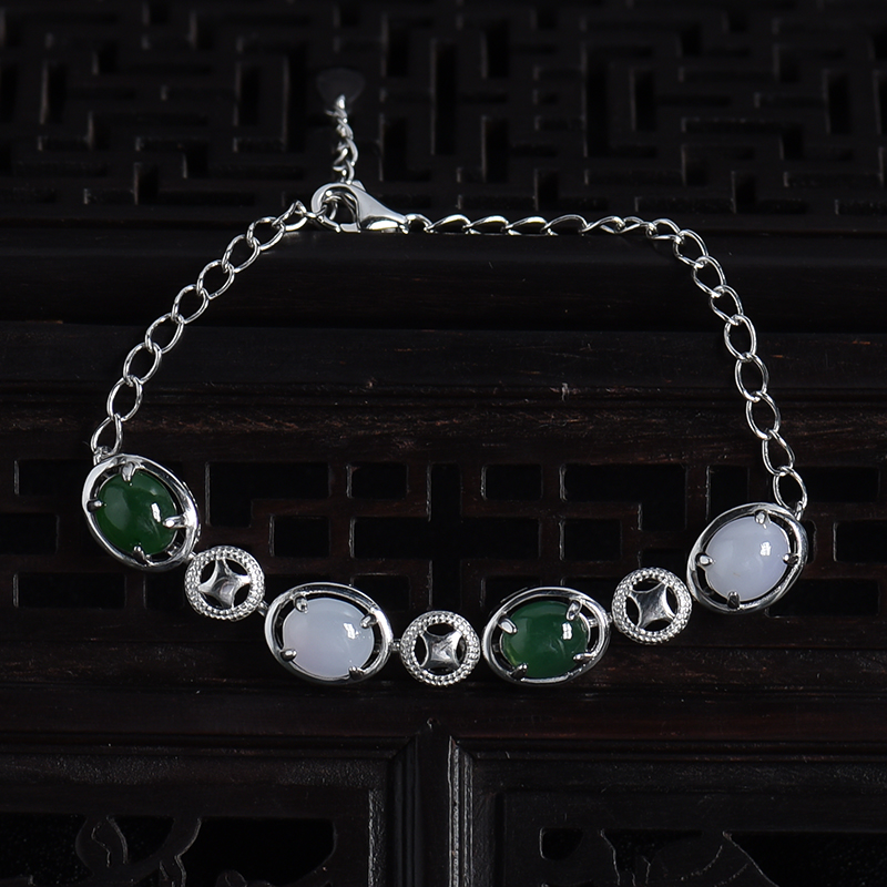 缅甸天然银镶糯种翡翠手链-红掌柜