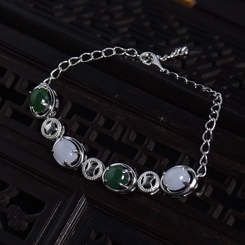 天然银镶糯种翡翠手链-红掌柜