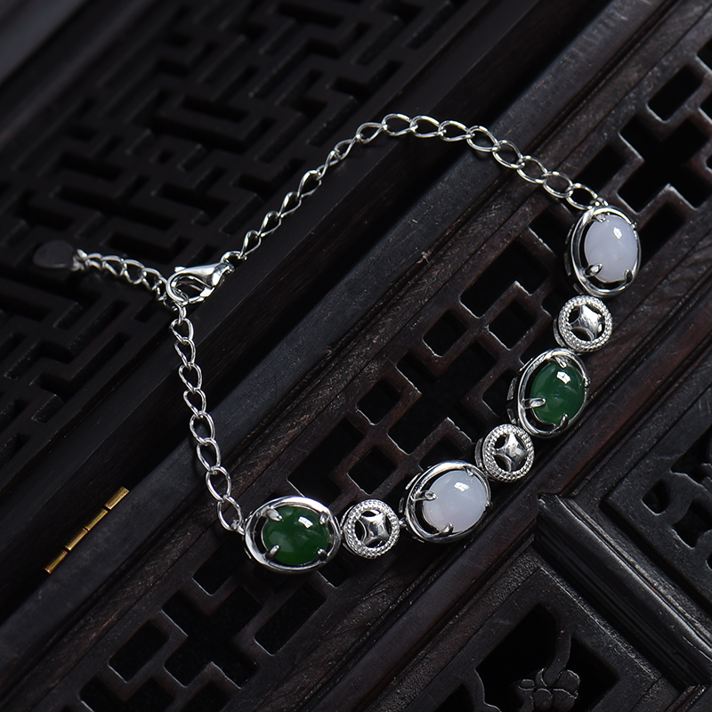 缅甸银镶糯种翡翠手链-红掌柜