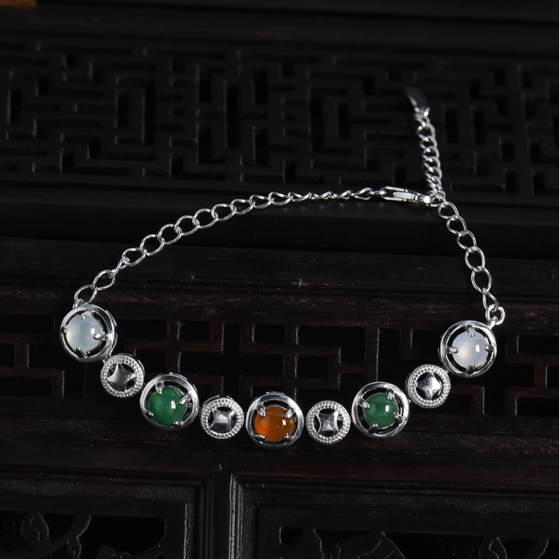 缅甸天然银镶冰糯种三彩翡翠手链-红掌柜