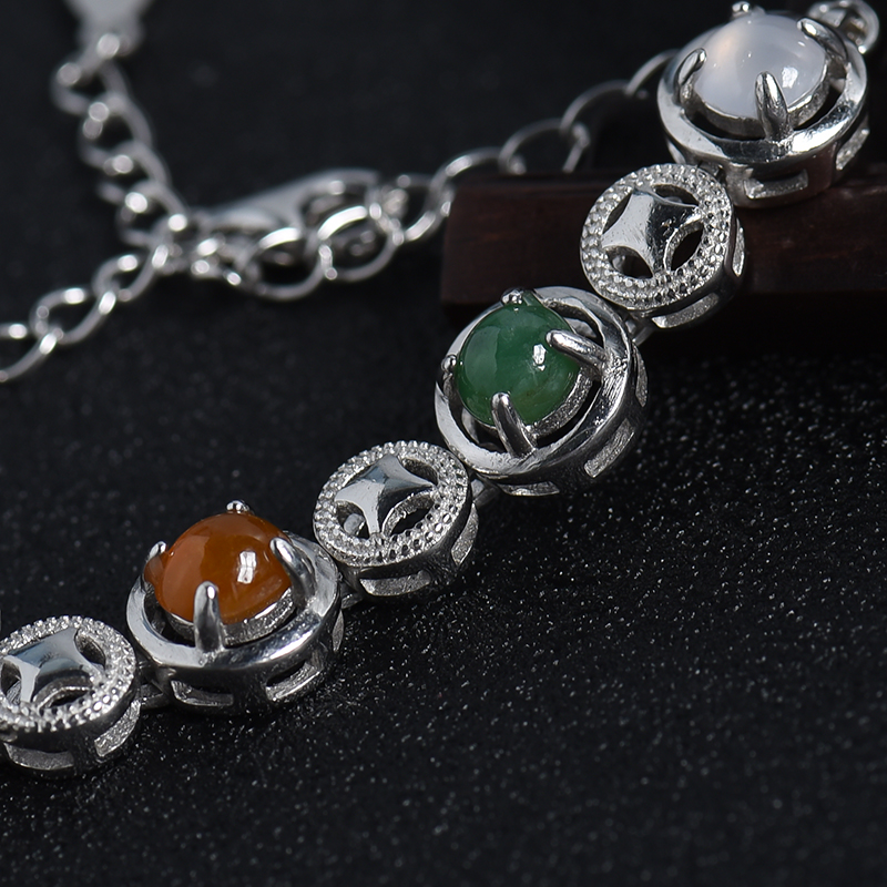 缅甸天然银镶三彩翡翠手链-红掌柜