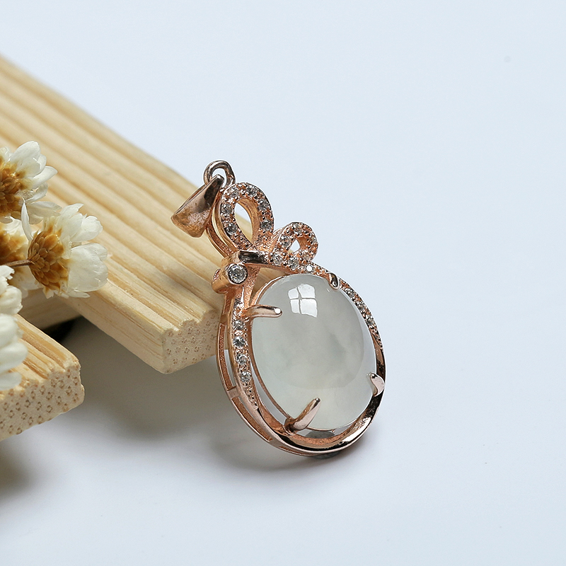 A货天然银镶糯冰种浅青翡翠吊坠 - 红掌柜