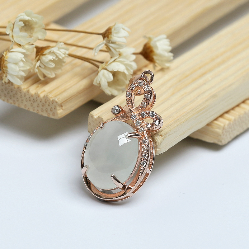 天然银镶糯冰种浅青翡翠吊坠 - 红掌柜