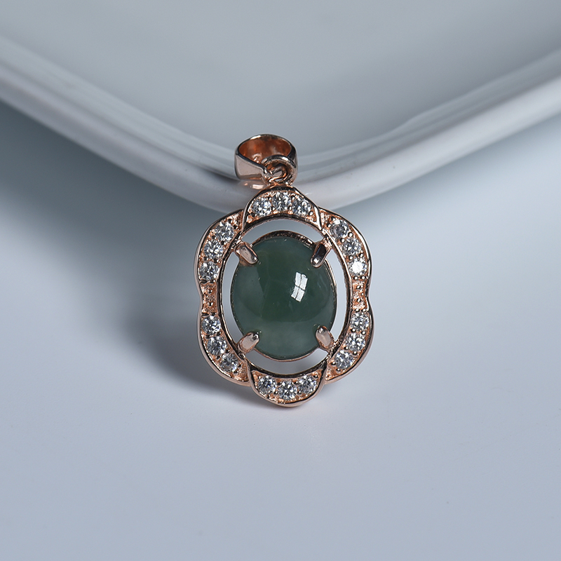 缅甸A货天然银镶糯冰种油青翡翠吊坠 - 红掌柜