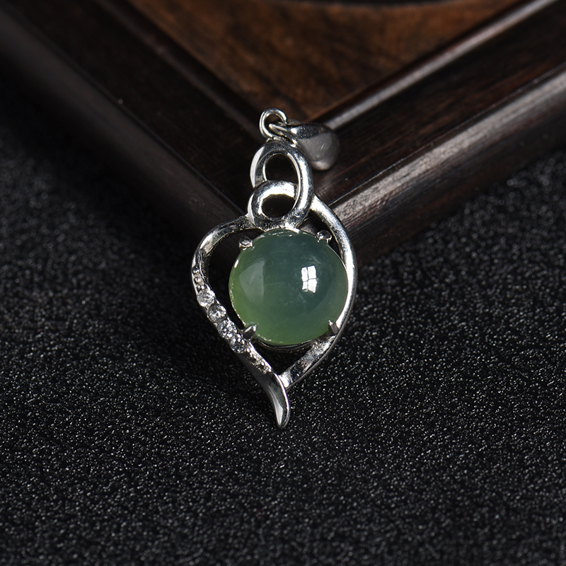 缅甸A货天然银镶糯冰种油青翡翠吊坠 - 红掌柜