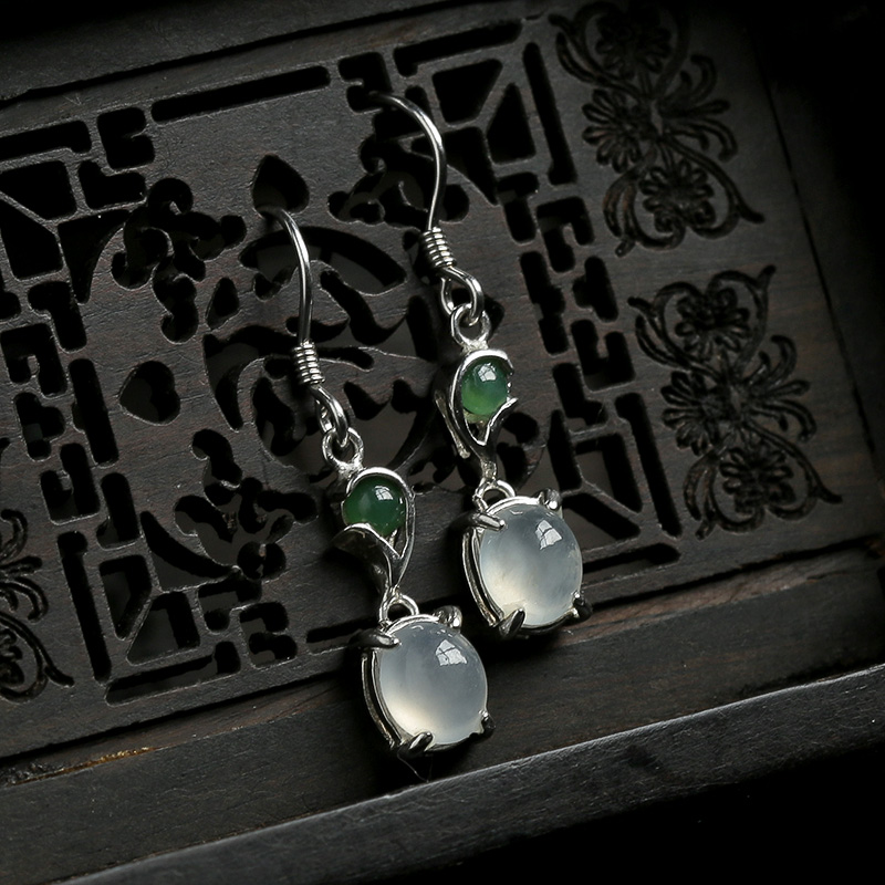 缅甸银镶冰种翡翠耳坠-红掌柜