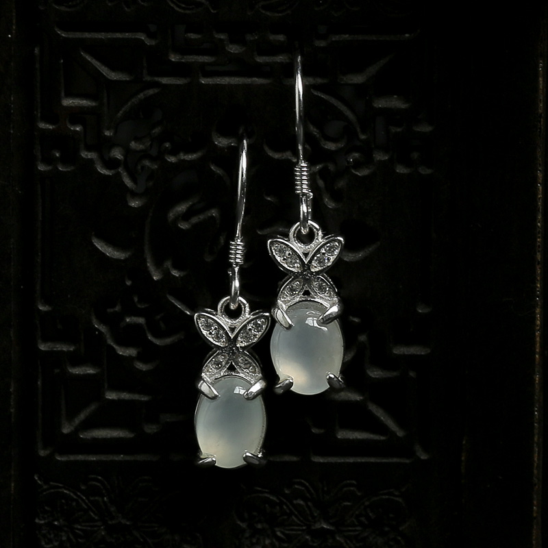 缅甸天然银镶冰种翡翠耳坠-红掌柜