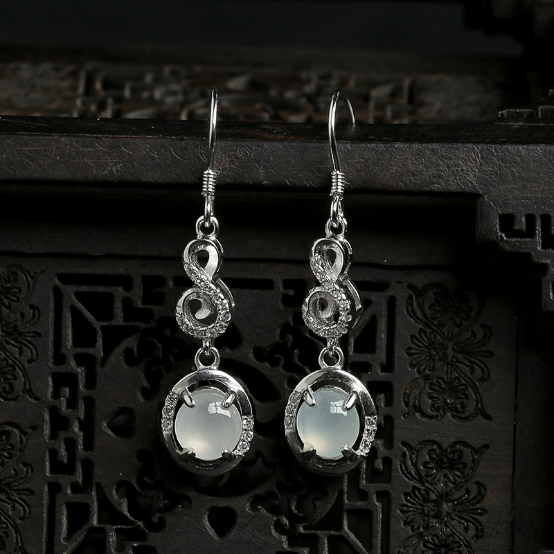 缅甸天然银镶冰种翡翠耳坠-红掌柜