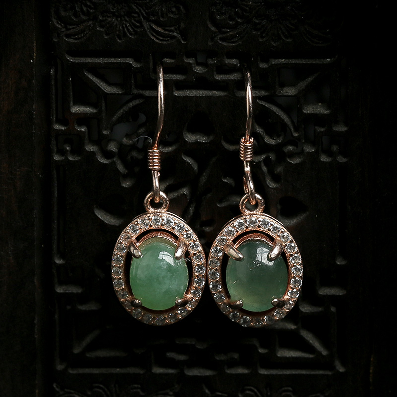 缅甸天然银镶冰种翡翠耳坠-红掌柜