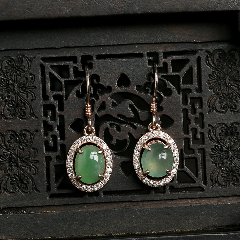 缅甸天然银镶冰种翡翠耳坠-红掌柜