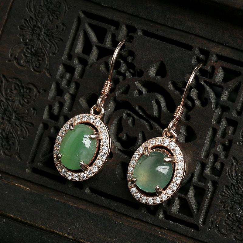 缅甸银镶冰种翡翠耳坠-红掌柜