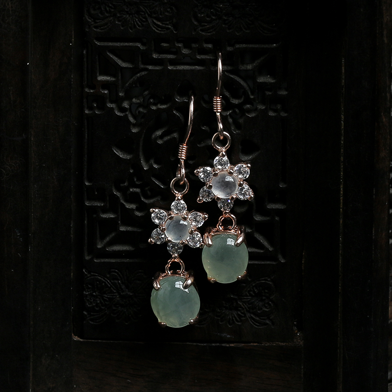 缅甸天然银镶冰种青绿翡翠耳坠-红掌柜